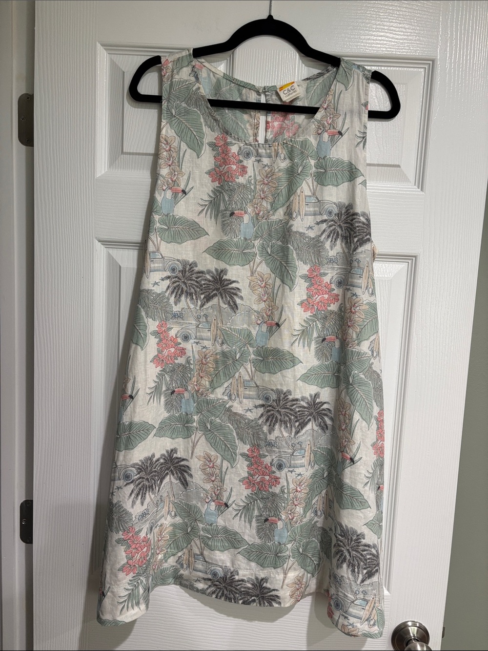 Tropical Print A-Line Dress- Cream with Green & Coral